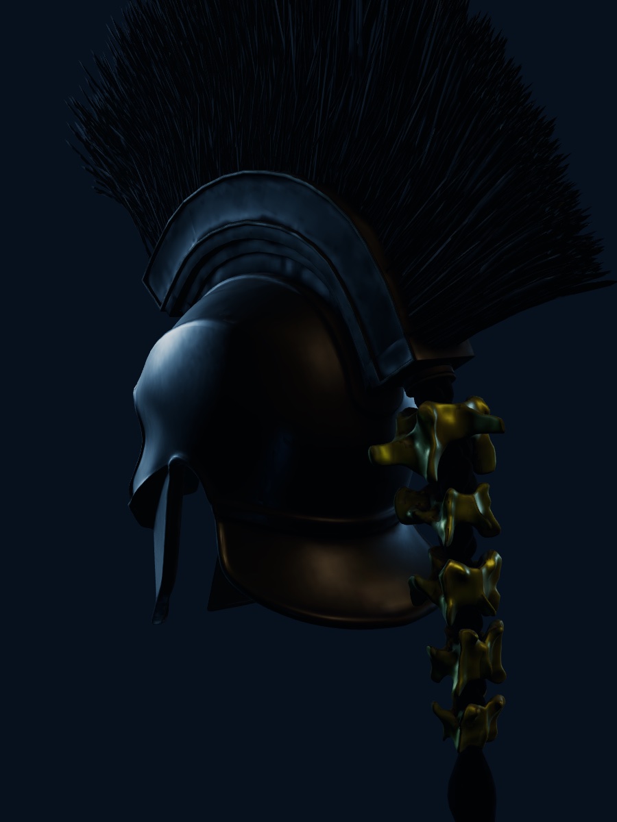 El casco en tres cuartos, sobre fondo oscuro.
